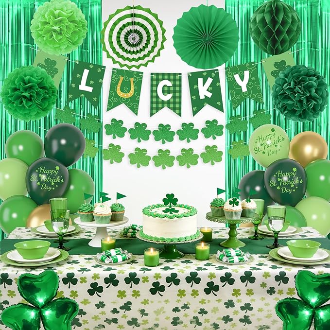 Green Party Decorations, Green Gold Printed Confetti Heart Balloons St Patricks Day Glitter Shamrock Garland Lucky Banners Foil Curtain Paper Fan Pompoms for Home Party Saint Patricks Party Supplies