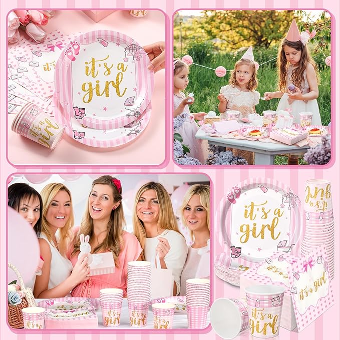 Hushee 200 Pcs It's a Girl Baby Shower Paper Plates Napkins Cups Baby Shower Party Supplies Tableware Set Disposable Cup Napkin for 50 Guest Party Decoration