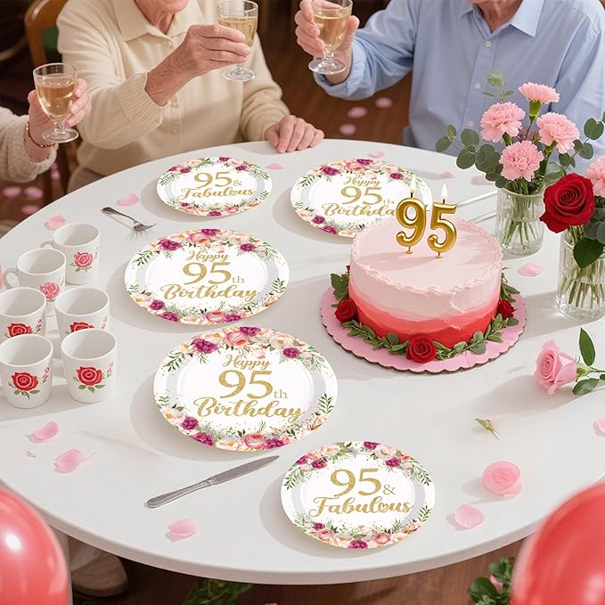96Pcs 95th Birthday Decorations for Women Rose Gold Floral Party Plates and Napkins Disposable 95th Birthday Gifts Tableware Set for Women Fabulous Party Decorations Serves 24