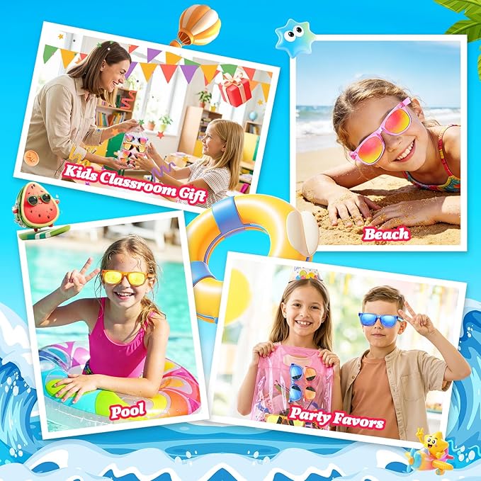 24 Pack Kids Sunglasses Bluk Party Favors - Goodie Bags Stuffers for Children Age 3-8,Boy Girl Neon Glasses with UV400 Protection,Birthday Classroom Graduation Gift,Pool Beach Party Supplies - nylytek