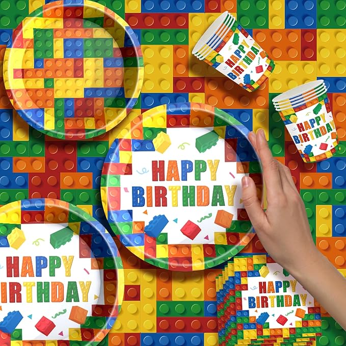 Building Block Birthday Party Supplies Colorful Building Block Party Decorations Includes Paper Plates Napkins Cups Banner Tablecloth for Boys Kid’s Birthday Party Decorations, Serve 24