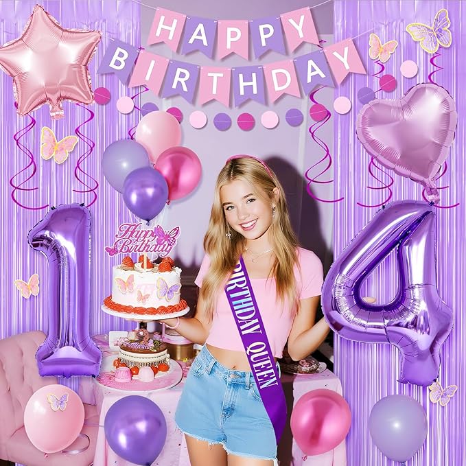 14th Purple Birthday Decorations for Girls, Pink and Purple Happy 14 Birthday Party Decorations with Happy Birthday Banner, Number Foil Balloons, Butterfly Cake Topper for 14th Party Supplies