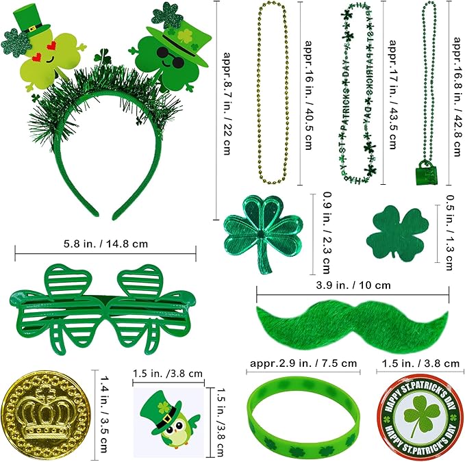 Winlyn Bulk St. Patrick's Day Novelty Jewelry Assortment St. Pat's Party Favors Supplies Shamrock Necklace Coins Head Bopper Bracelet Tattoo Mustaches Accessories for St. Patty's Day Irish Party Decor