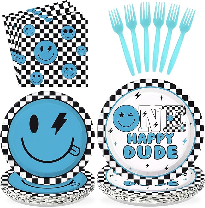 96Pcs One Happy Dude 1st Birthday Party Decoration Blue Smile Face Plates and Napkins Black White Plaid Disposable Paper Tableware Set for 1st Birthday Baby Shower Party Supplies Serves 24