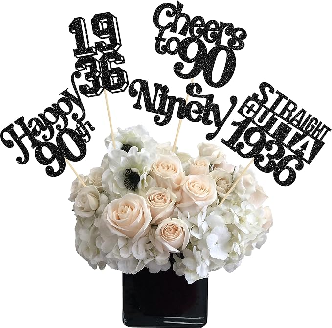 Gyufise 15Pcs Happy 90th Birthday Centerpiece Sticks Ninety Straight Outta 1936 Table Flower Centerpieces Sticks Cheers to 90 Decorations for 90th Birthday Party Supplies Black