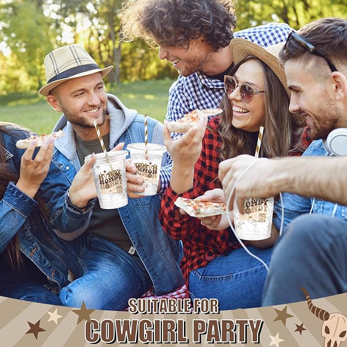 Yungyan 50 Sets Western Cowboy Plastic Cups with Lids and Straws 16 oz Howdy Brown Cowboy Cowgirl Coffee Juice Drinking Cups for Western Party Decoration Wedding Birthday Bachelorette Party Supplies