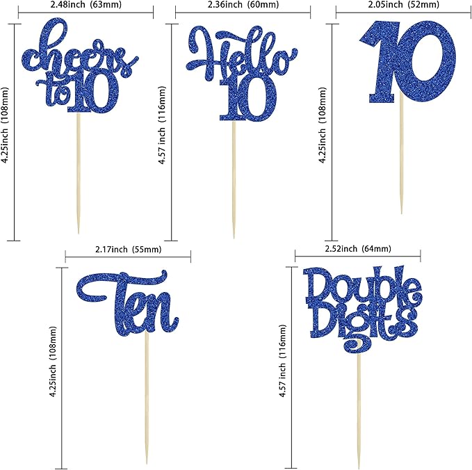 30Pcs 10th Birthday Cupcake Toppers Ten Double Hello 10 Cupcake Picks Cheers to 10 Years Old Cake Decorations for 10th Birthday Party Supplies Deep Blue Glitter