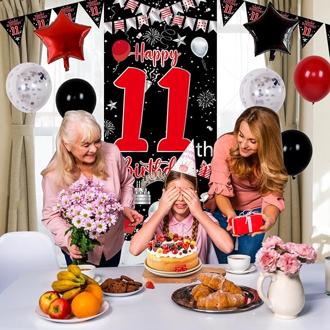11th Birthday Decorations for Boys Girls, Happy 11th Birthday Decorations Boy, Red Black 11 Year Old Birthday Door Banner, Triangle Flag, Large Number 11 Balloons Bday Party Decor for 11 birthday