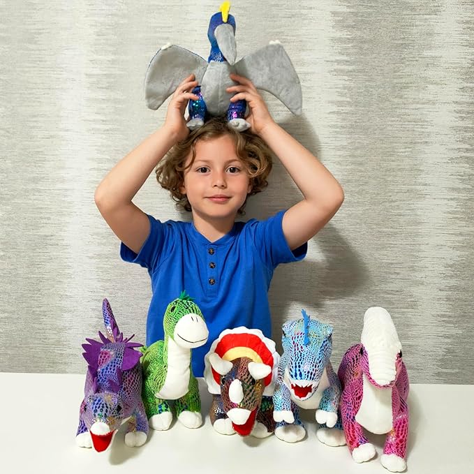 MaoGoLan 6Pcs Stuffed Animals Bulk Dinosaur Plushies with Sequin, 12'' Stuffed Dinosaur T-Rex Blue Velociraptor Toys Collectible Dino Squad for Kids Gifts Christmas Halloween Decorations