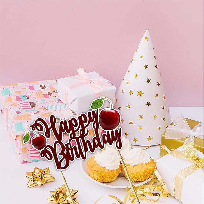 "Cherry Happy Birthday Cake Topper – Cute Fruit-Themed Birthday Party Decoration for Adults – Red Cherry Cake Topper for Dessert Tables, Smash Cakes, High Chairs, and Themed Birthday Celebrations"