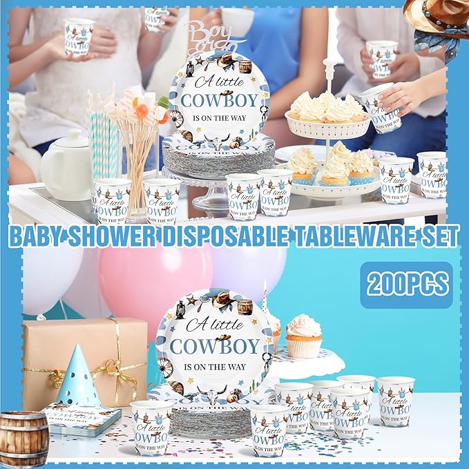 Hushee 200 Pcs a Little Cowboy Is on The Way Baby Shower Paper Plates Napkins Cups Baby Shower Party Supplies Tableware Set Cowboy Disposable Cup Napkin for 50 Guest Boy Girl Spring Decoration