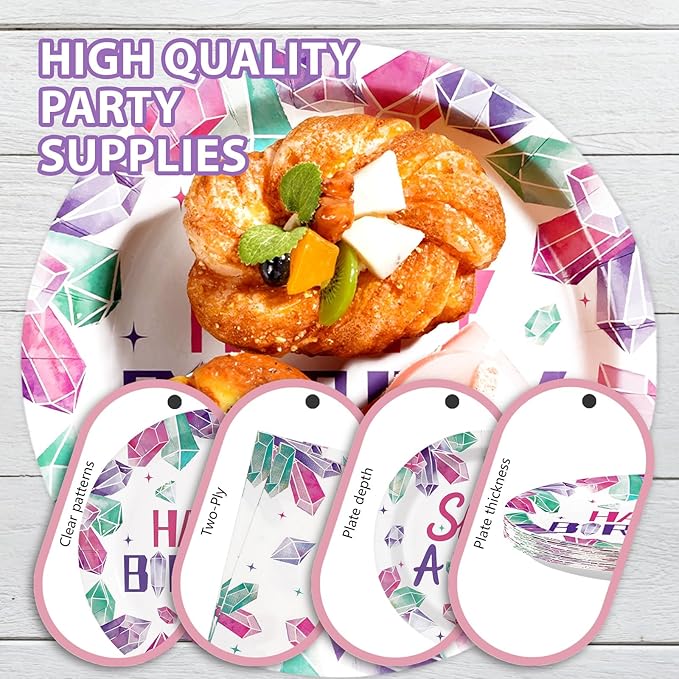 96Pcs Pink & Purple Gem Stone Birthday Party Supplies She's a Gem Plates and Napkins Disposable Pink Purple Jewel Crystal Diamond Tableware Set for Girls Happy Birthday Party Decorations Serves 24