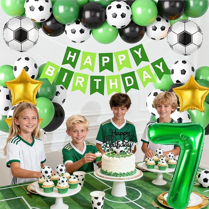 Soccer Party Decorations for Boys, 7th Soccer Birthday Decoration with Green Black White Balloons 'HAPPY BIRTHDAY' Banner Cake Toppers 32in Foil 7 Balloon for Boys Men Birthday Decor