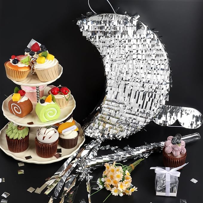 Silver Foil Moon Pinata with Stick and Blindfold Pull String Moon Pinata for Kids Birthday Party Decorations Baby Shower Gender Reveal Party Supplies