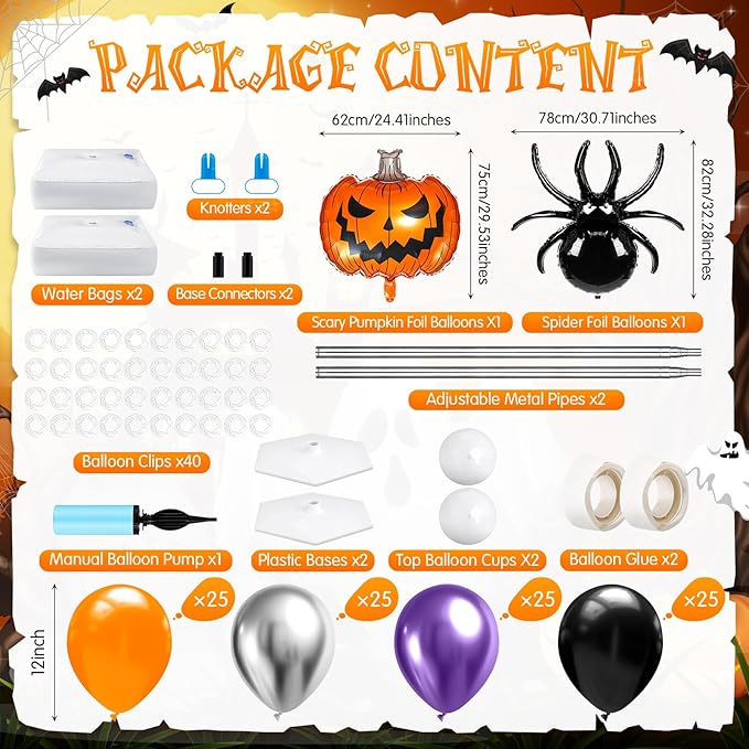 Kasyat 2 Sets Halloween Balloon Column Stand Kit with Scary Pumpkin Spider Foil Balloon Orange Purple Black Silver Arch Garland Kit for Spooky Birthday Party Halloween Theme Decoration