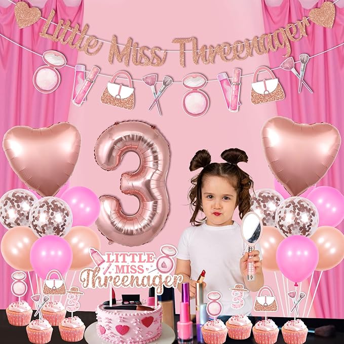 3rd Birthday Decorations for Girls Little Miss Threenager Birthday Decor Banner Makeup Theme Party Garland Cake Toppers Heart Balloon Spa Makeup Theme Party Rose Gold for 3 Year Old Girl