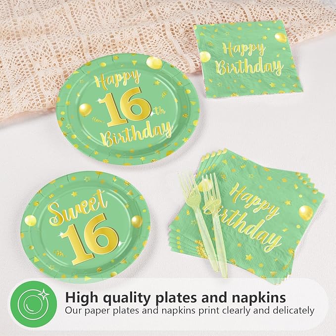 96 Pcs Sweet 16 Happy Birthday Party Decoration Sage Green and Gold Plates and Napkins Sweet 16th Birthday Tableware Set for Boy Girl 16 Years Party Supplies, Serves 24
