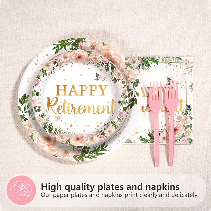96Pcs Wildflower Retirement Party Decorations for Women Pink Gold Floral Teacher Retirement Plates and Napkins Sets Lady's Retired Decoration Favor for Goodbye Going Away Just Retired Party Serve 24
