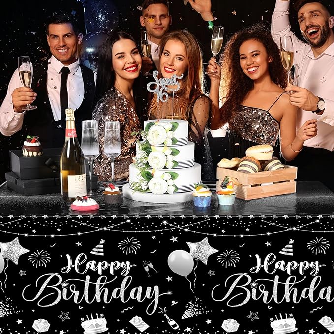 Tudomro 1 Pcs Happy Birthday Tablecloths Happy Birthday Party Decorations Plastic Table Cover Rectangular Cloths for Women Men Baby Shower Party Supplies, 108 x 54 Inch (Black Silver)