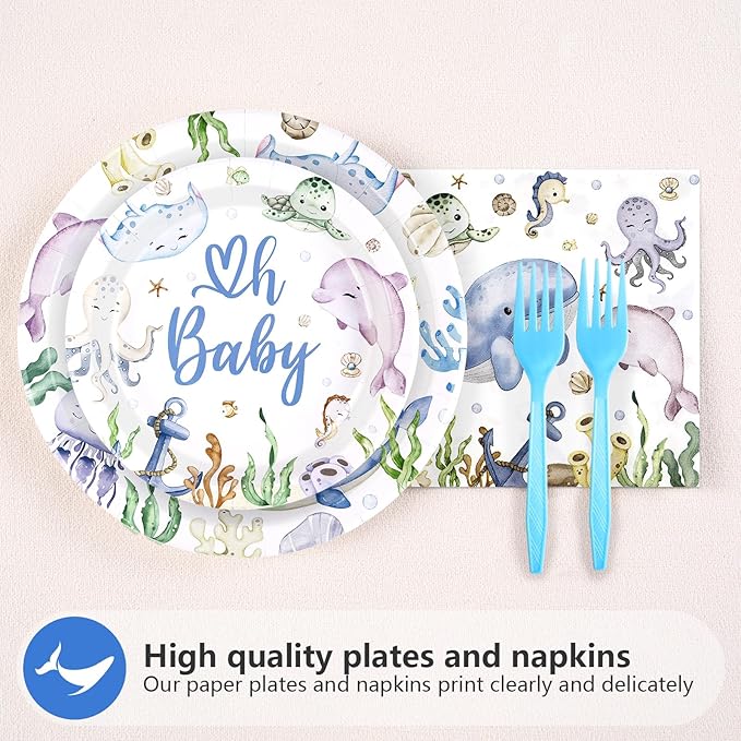 96Pcs Under The Sea Baby Shower Decorations Ocean Theme Party Plates and Napkins Disposable Sea Life Tableware Set Under The Sea Party Supplies for Birthday Baby Shower Underwater World Party Serve 24