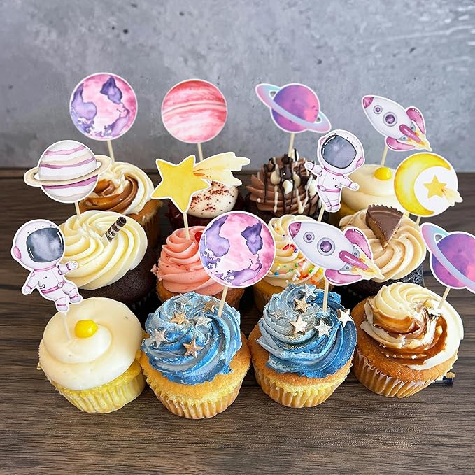 Ephlyn 36Pcs Space Astronaut Cupcake Toppers Space Girl Moon Star Rocket Planet Cupcake Toppers Earth Planet Cupcake Picks Space Theme Gender Reveal Birthday Shower Party Supplies Pink