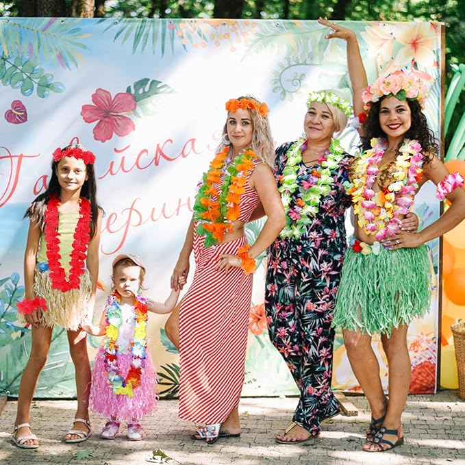 Hawaiian Leis Luau Party Decorations Set, 54Pcs Hawaiian Luau Party Supplies Flower Leis Necklaces Headbands Wristbands Grass Hula Skirt Lays Tropical Summer Beach Birthday Holiday Party Favors