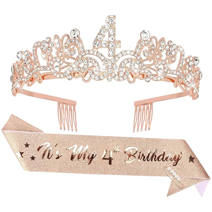 Semato 4th Birthday Decorations for Girl Sash and Crown Kit Rose Gold 4 Year Old Girl Birthday Gifts for Her Party Supplies