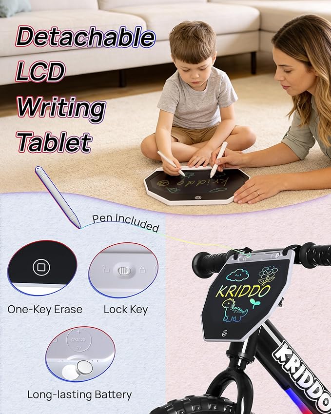 KRIDDO Toddler Balance Bike 2 Years Old, 12-Inch Colorful Lighting-Up Push Bicycle with LCD Writing Tablet, Steady Balancing, Gift Bike for 2-5 Boys Girls, LED-Black