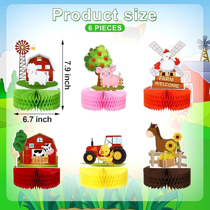 Threan 6 Pcs Farm Animals Party Decorations Birthday Honeycomb Centerpieces Farm Animals Table Topper Colorful Barn Cow Duck for Birthday Party Decoration Favor Supplies Double Sided Table Photo Props