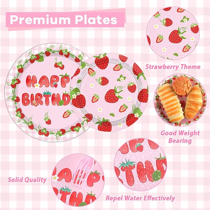96 PCS Strawberry Theme Birthday Shortcake Party Paper Plates and Napkins Disposable Strawberry Party Plates Dinnerware Berry Sweet Tableware Decor for Baby Shower Birthday Gatherings Decorations
