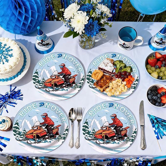 50Pcs Skiing Snowmobile Paper Plates 9 Inch Heavy Duty Disposable Winter Ski Snowmobile Birthday Party Dessert Plates Snow Skiing Wonderland Decoration for Girls Boys Skier Holiday Party Supplies
