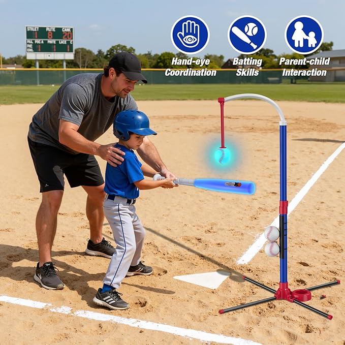 3-in-1 LED Baseball Set for Kids 3-5 - Tee Ball Stand, Hanging Tee, Ball Launcher and 4 Softballs - Adjustable Height, Indoor/Outdoor Sport Gifts for Boys Girls, Blue