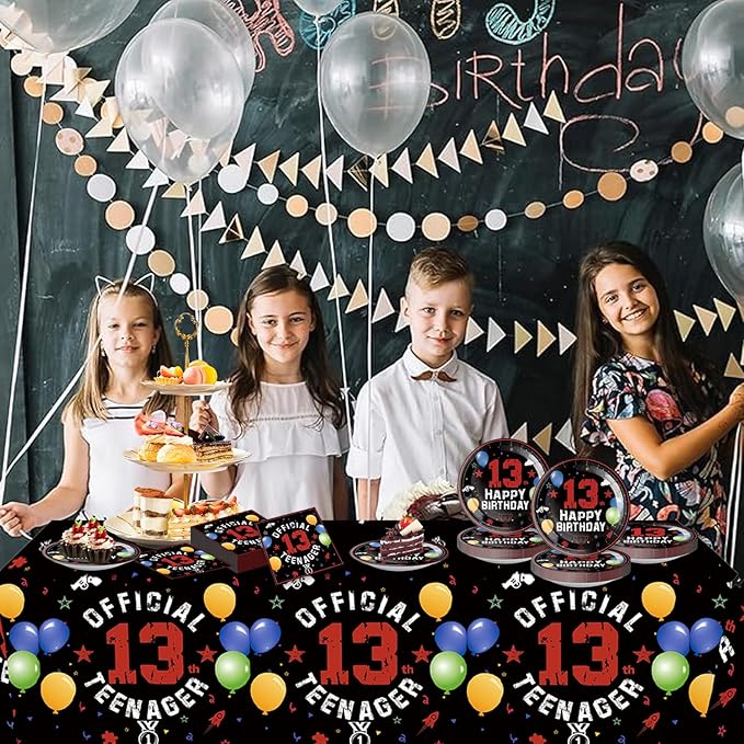 41pcs 13th Red and Black Birthday Party Supplies,include 20 Dessert Plates, 20 Napkin and 1pcs Tablecloth,Used for 13th Red and Black Party Decoration