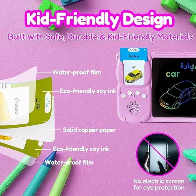 Drawing Tablet with Bilingual Flashcards for Kids - Arabic English Talking Flash Cards, LCD Writing Pad Board, Pocket Speech for Toddlers, Learning Toy Gift for Boys Girls (Arabic, Pink)