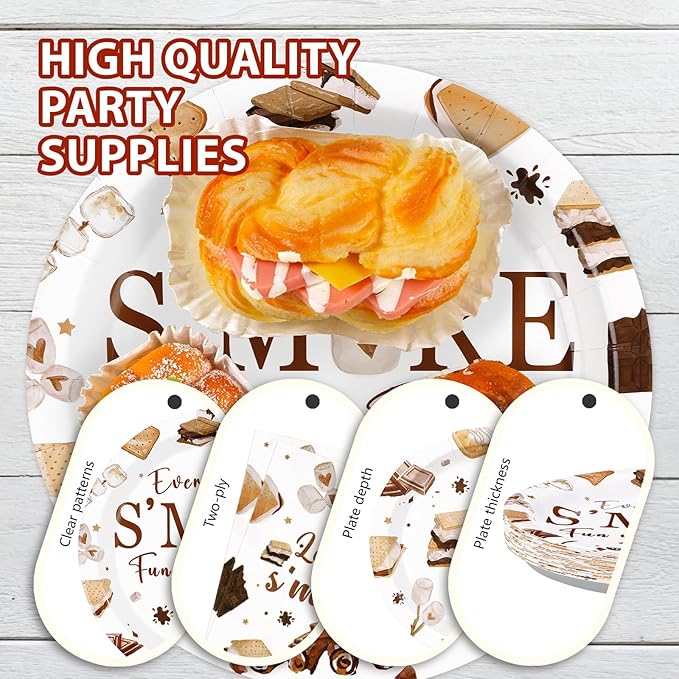 96 Pcs Smore Camping Party Decorations Everything is S'More Fun with Friends Plates and Napkins Camping Themed Tableware Set for Campers Birthday Baby Shower Campfire Bonfire Party Supplies Serves 24