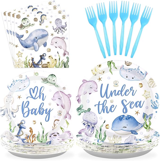 96Pcs Under The Sea Baby Shower Decorations Ocean Theme Party Plates and Napkins Disposable Sea Life Tableware Set Under The Sea Party Supplies for Birthday Baby Shower Underwater World Party Serve 24