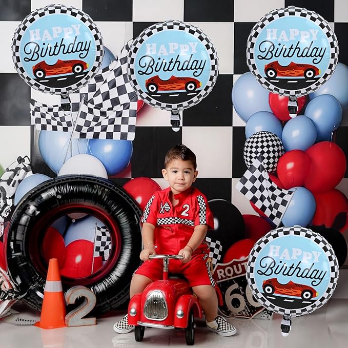 18 Inch Race Car Happy Birthday Balloons, 4pcs Black and White Checkered Racecar Foil Round Balloon, Two Fast One Birthday Decor for Kids Boys Racing Car Driver Monster Truck Theme Party Decorations