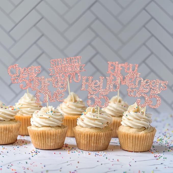 Ephlyn 24Pcs 55th Birthday Cupcake Toppers Glitter Straight Outta 1970 Cupcake Picks Hello 55 Cheers to 55 Years Cake Decorations for 55th Birthday Anniversary Party Decorations Supplies Rose Gold