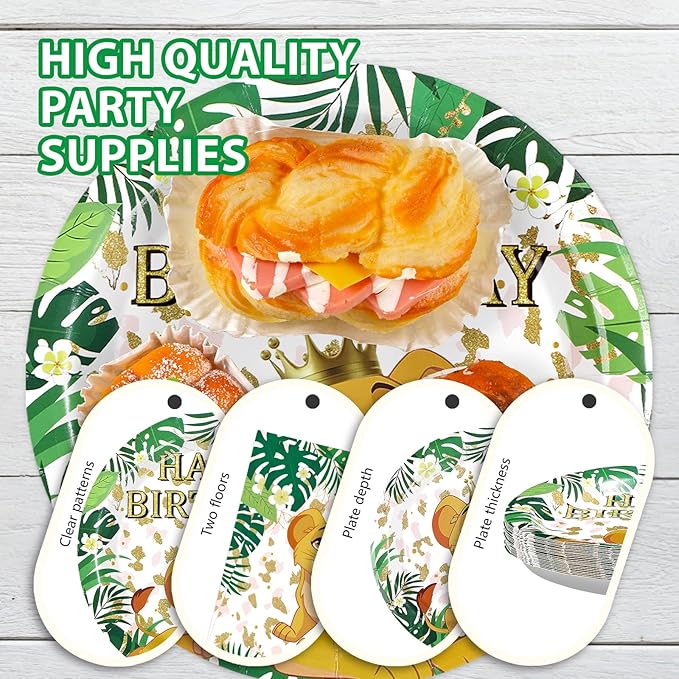 96Pcs Lion Baby Shower Party Decorations Jungle Safari Lion Plates and Napkins Tableware Sets Zoo Animal Party Decorations Favors for Boys Kids Wild One Birthday Supplies Serves 24