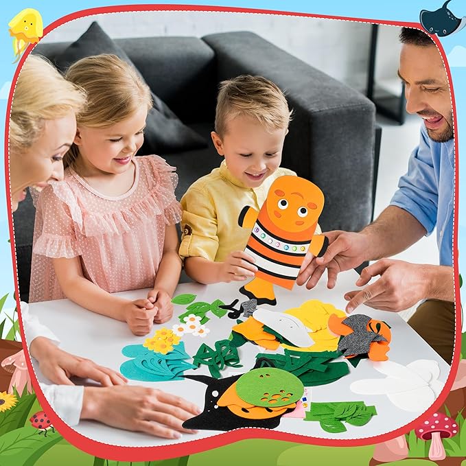 WATINC 12Pcs Hand Puppet Making Kit, Art Craft Felt Sock Puppet Toys, Creative DIY Make Your Own Pompoms Wiggle Googly Eyes Storytelling Role Play Party Supplies Gift for Girls Boys (Insect A Ocean A)