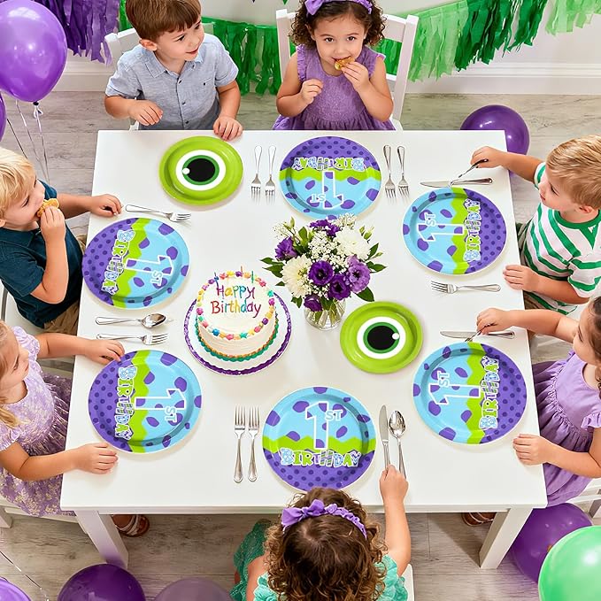 96Pcs Monster Birthday Party Supplies 1st Monster Theme Party Plates and Napkins Disposable Green and Purple Cartoon Tableware Set for Kids 1st Birthday Baby Shower Decorations Serves 24