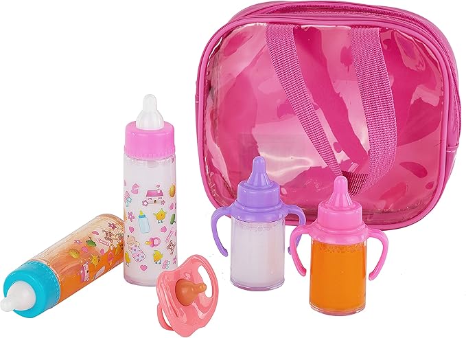fash n kolor® My Sweet Baby Disappearing Doll Feeding Set, Baby Care 6 Piece Doll Feeding Set - for Toy Stroller | 2 Milk & Juice Bottles with 2 Toy Pacifier for Baby Dolls Set - Kids Gift Set