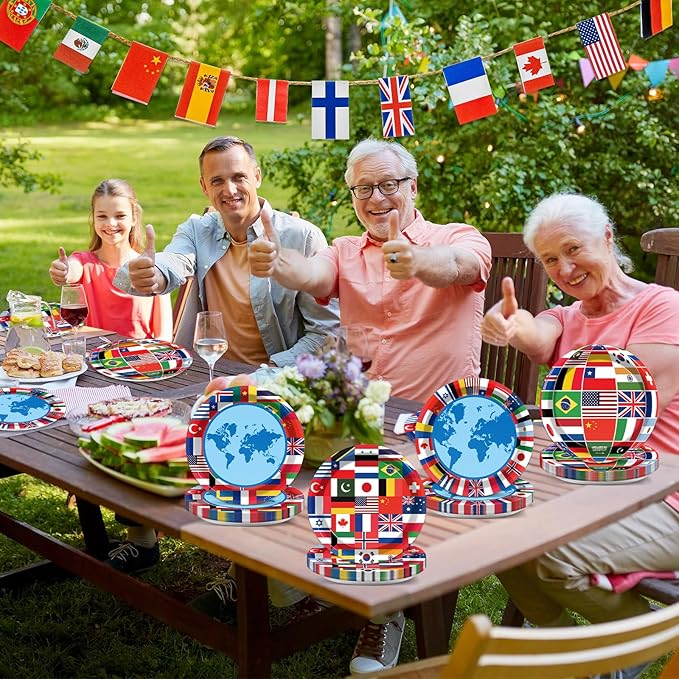 Wiooffen 80Pcs International World Flags Plates Around the World Globe Party Tableware Decorations International Flags 7'' Paper Cake Dessert Dinner Plates for Travel Trip Retirement Party Supplies