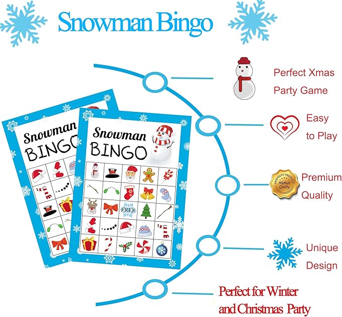 Christmas Bingo Game for Kids Adults, Snowman Bingo Cards 24 Players Winter Holiday Games Activities Christmas Crafts for Kids Family Large Group Party Favors Supplies Toys Gifts
