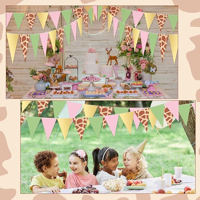 Tiamon 5 Pcs Wild One Birthday Banner Decorations Giraffe Animals Pink Jungle Safari Pennant Bunting Printed Triangle Flag for Jungle Wild Baby Shower Zoo Giraffe Birthday Party Decor Supplies