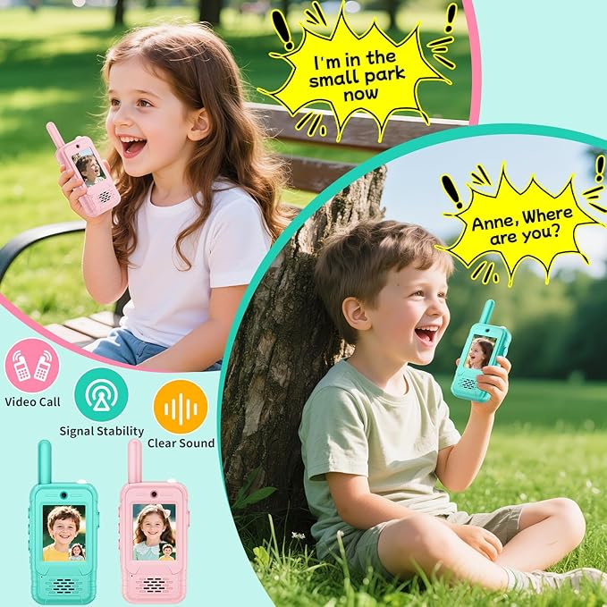 Video Walkie Talkies for Kids, 2 Pack Rechargeable Kids Walkie Talkies Long Range with Flashlight Outdoor Christmas Birthday Toddler Toys Gifts for 3-12 Year Old Boys Girls for Outside, Camping Travel