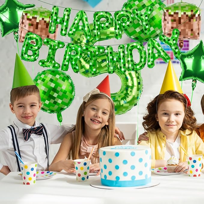 Green Pixel Themed Happy Birthday Banner Party Decorations Set Including 40 Inch Number 5 Foil Balloons, Themed Party Essentials, TNT Pixel Backdrop Supplies for Boys Indoor Outdoor Celebration