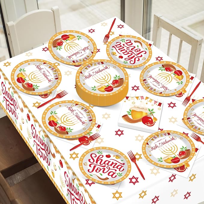 98 Pcs Rosh Hashanah Party Supplies Jewish New Year Plates Shana Tova Party Tablecloth Rosh Hashanah Party Decorations for Kitchen High Holy Day Tableware Paper Forks Napkins Plates for 24 Guests