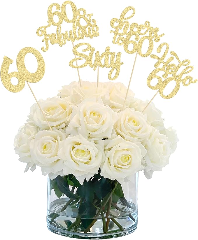 Gyufise 15Pcs 60th Birthday Centerpiece Sticks Sixty Happy 60th Table Flower Centerpieces Sticks Cheers to 60 Floral Decorations for 60th Birthday Party Centerpieces Supplies Gold