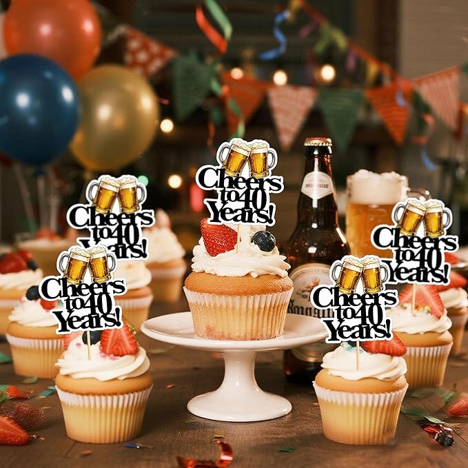 Ercadio 28 PCS Beer Party Cupcake Toppers Cheers and Beers Happy Birthday Decor for Cheers to 40 Years Cake Topper Favor for Summer Family Party Decor Supplies